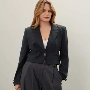 Veronica Beard Girard Cropped Blazer Black One Button Collared Linen Blend‎ Sz 6